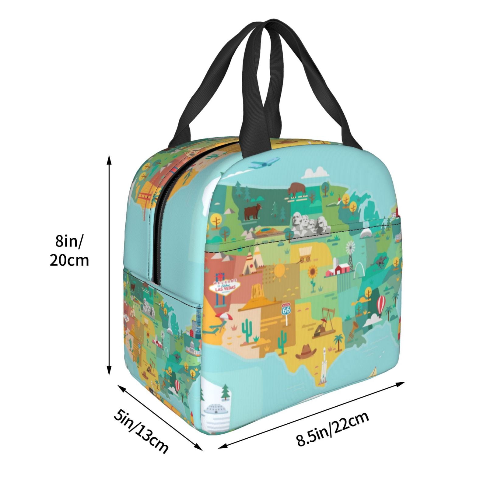 Naloa USA Tourist Map Print Lunch Box for Women Men,Insulated Lunch Bag,Lunchbox,Thermal Leakproof Cooler,Reusable Lunch Tote Bag for Work School Travel Picnic