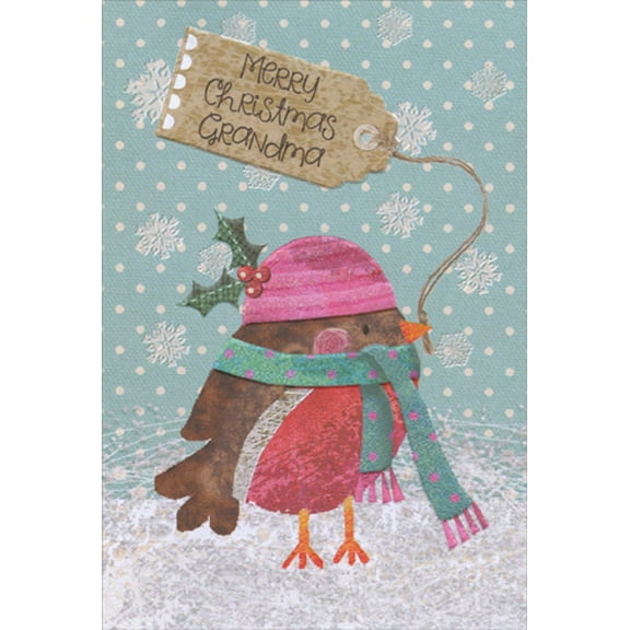 Pictura Little Bird with Pink Hat and Blue Scarf Grandma Christmas Card