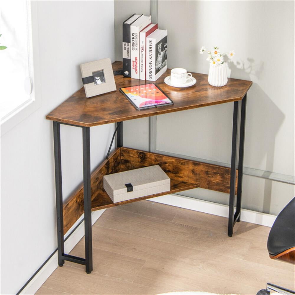 Demi Bonn Triangle Computer Corner Desk with Charging Station, Small Home Office Desk Study Writing Table, Brown