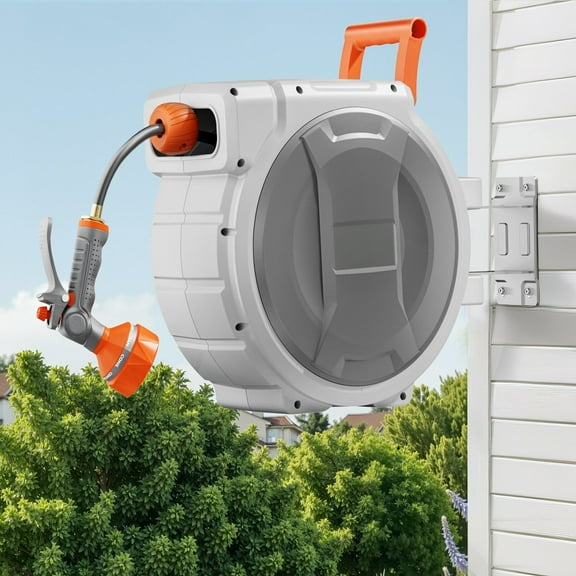 Garden Hose Reel Retractable 145ft – Heavy-Duty Wall Mount with 9-Pattern Nozzle, Any-Length Stop & Smooth Rewind