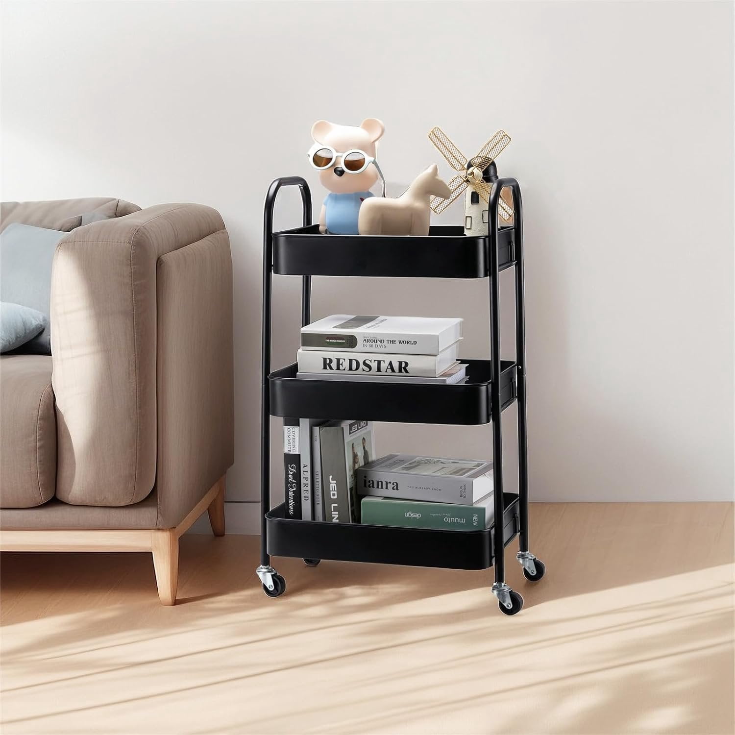 3 Tier Metal Rolling Cart with Wheels,Storage Organizer for Kitchen,Dorm,Bathroom,Classroom,17" D x 12" W x 29" H,Black