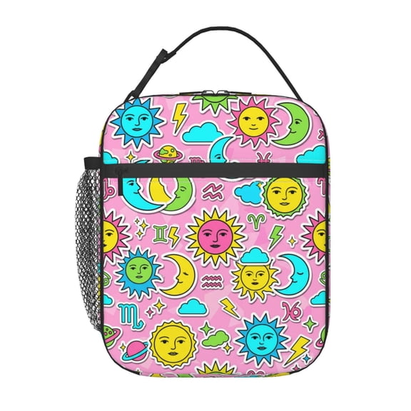 Sun and Moon Lunch Bag Celestial Cosmic Reusable Cooler Tote Front Pocket Handheld Portable Food Container Work Office Picnic Travel Mystic Pattern