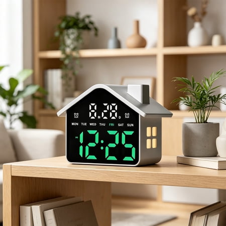 LNOGEUPG Retro House Design LED Electronic Alarm Clock, White Shell Green Digits Display Desktop