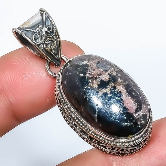 Black Manganese In Rhodonite 925 Sterling Silver Fine Art Pendant 1.76" TP452543, Beautiful Jewelry For Woman, New Year Sale, Valentin's Day Gift