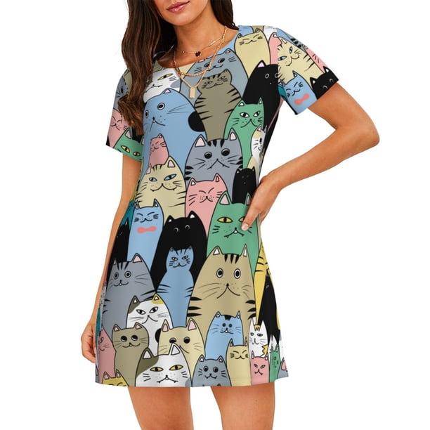 Disketp Different Cats para Camisón Corto de Manga Corta para Mujeres, Camisón Cómodo con Escote Redondo, Bonito y Confortable