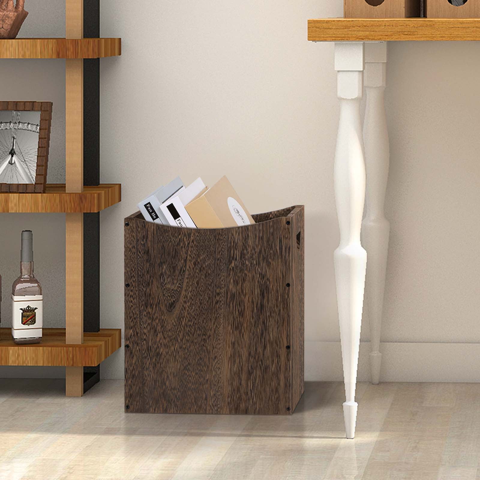 5.3 Gallon Rustic Wood Trash Can Wastebasket with Handles, Brown, Set of 2