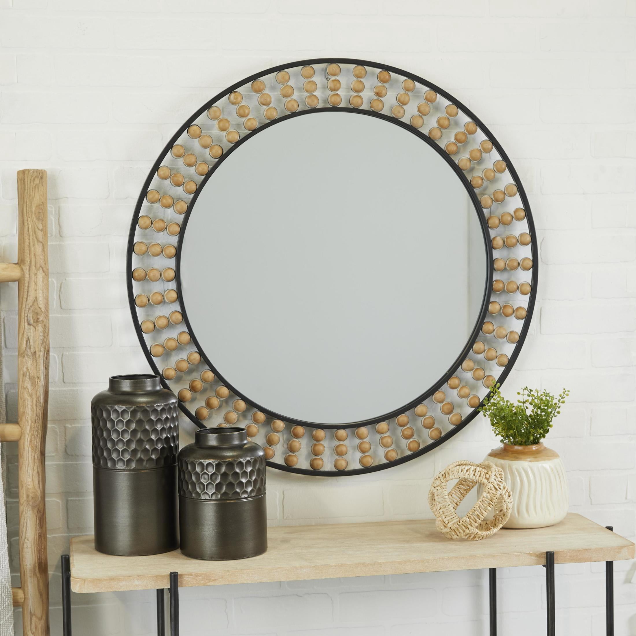 DecMode 31" x 31" Black Wall Mirror with Brown Beaded Wood Details