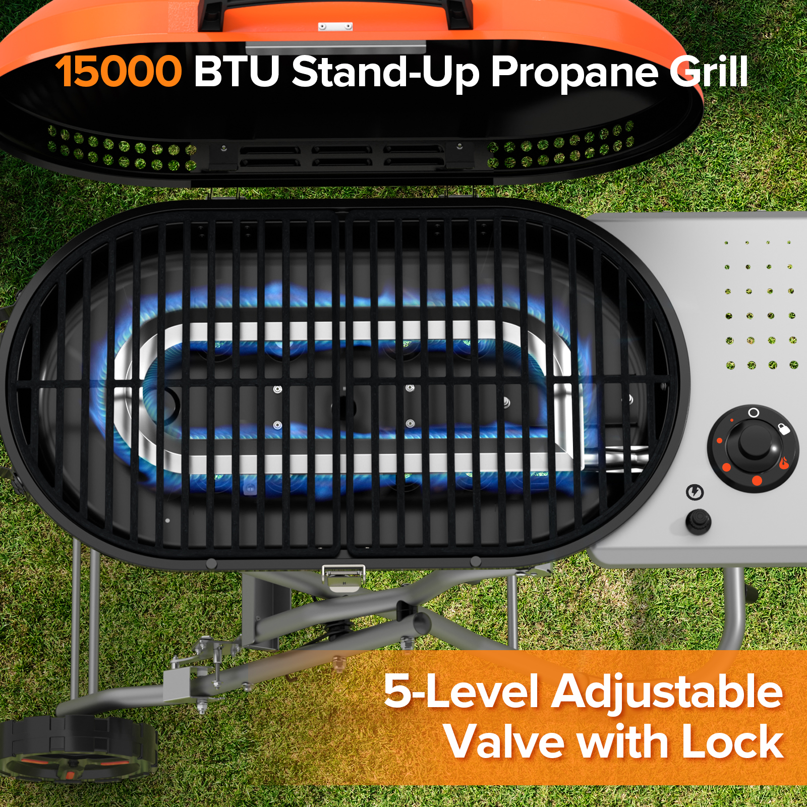 LHRIVER Portable 348 sq.in Stand-Up Propane Grill, 15000 BTU Folding Gas Grill Cart with Side Table & 2 Wheels for Camping, Patio, Orange