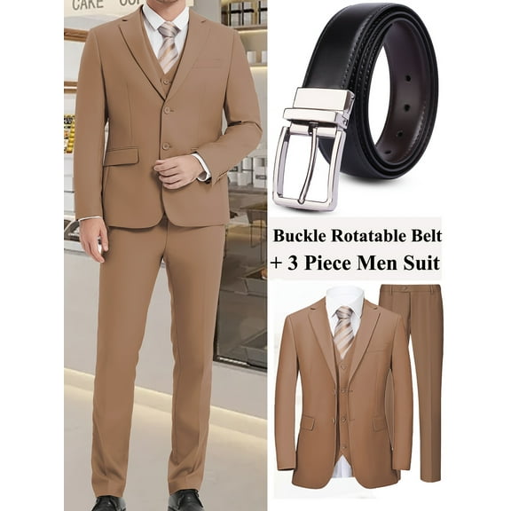 Beauty-Emily Men’s 4-Piece Business Suit Set, Double-Button Blazer, Vest, Pants & Belt, Formal Office & Meeting Attire