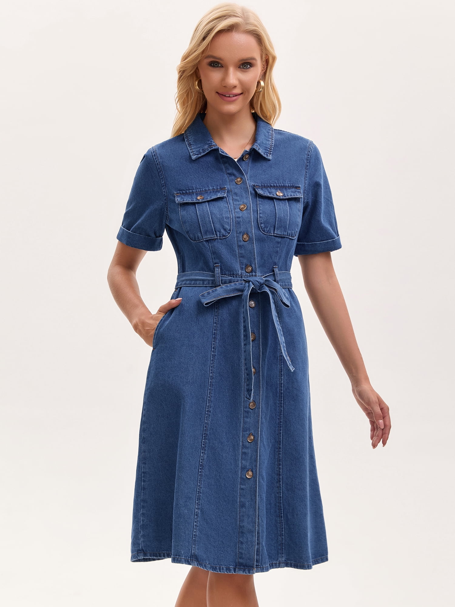 DARING DIVA Women's Denim Button Down Short Sleeve Belted Jean Shirt Dresses S Blue