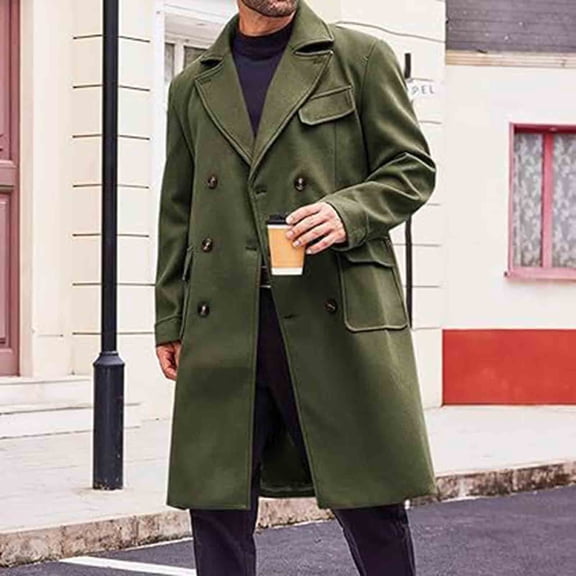 Kakii Mens Trench Coat Notch Lapel Slim Fit Double Breasted Long Pea Coat Winter Warm Overcoat