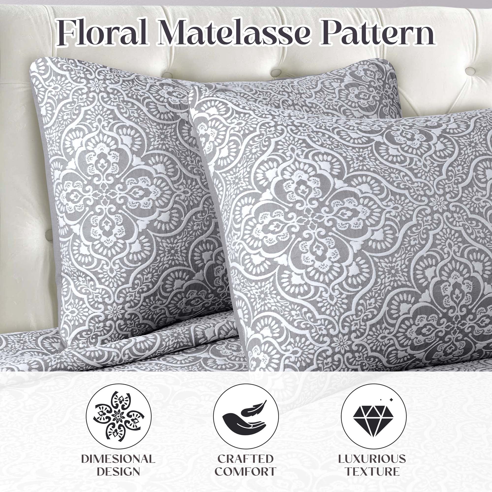 Superior Enzy Floral Matelasse Bedspread and Sham Set, 3-Piece Soft Textured Jacquard Bedspreads, King, Charcoal