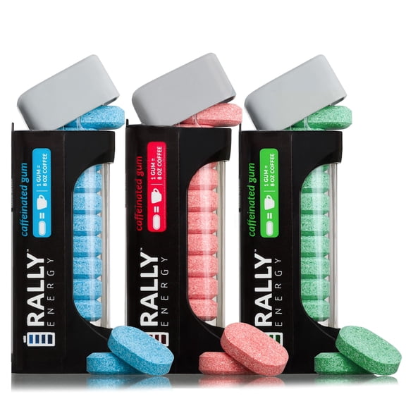 Rally Energy Caffeine Gum, Sugarless Gum with 60 mg of Caffeine for Fast-Acting Energy, Stay Alert, Long-Lasting, Variety Pack, Natural Cinnamon, Peppermint, Wintergreen Flavor (3 Pack, 33 Pieces)
