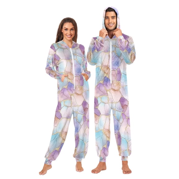 FORMRS Onesies Pajama for Adults Unisex Hoodie Winter Jumpsuit One Piece Sleepwear, Sizes S-2XL, Watercolor Marble Pattern