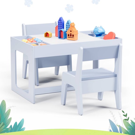 Pirecart Kids Table and 2 Chair Set, Wooden Toddler Table with Storage Space and Paintable Desktop, Children Activity Table for Reading, Drawing, Nursery, Playroom.