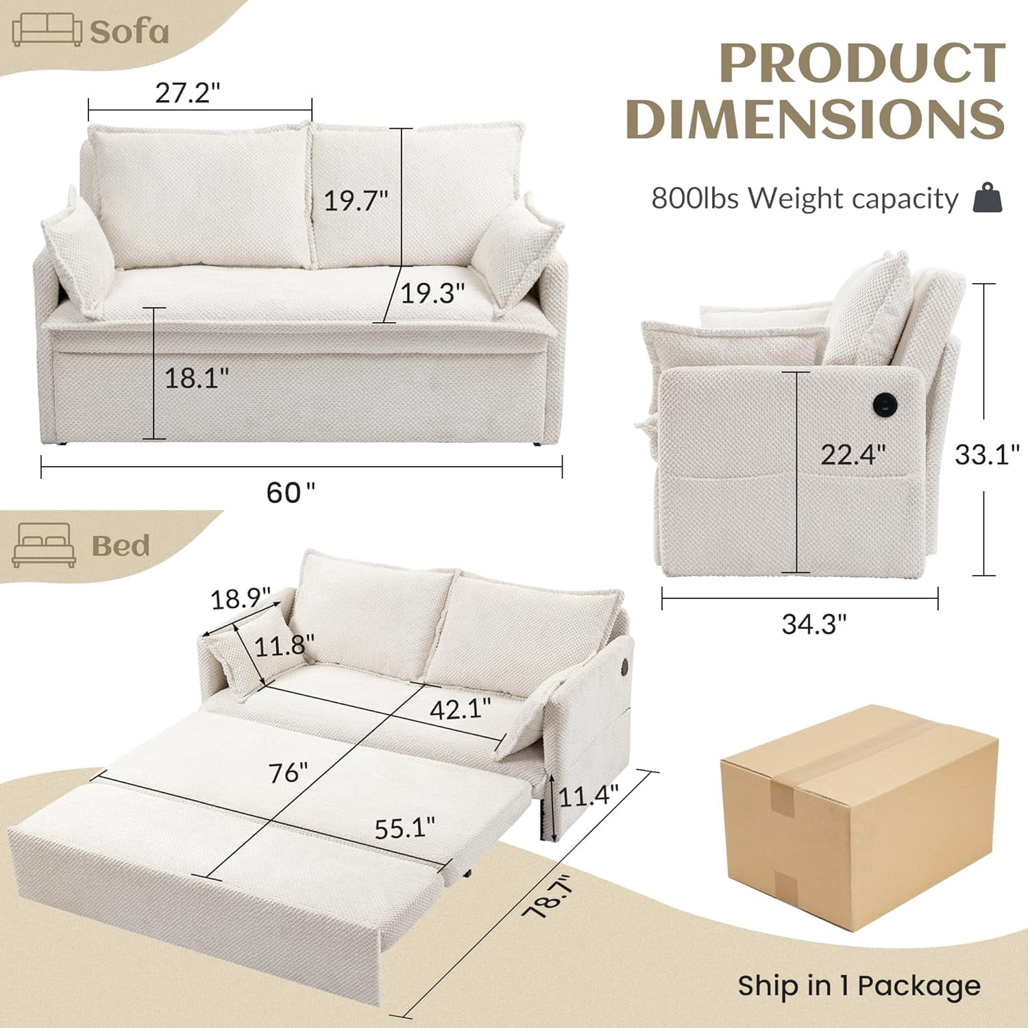 Modern Convertible Sleeper Sofa with USB Charging, Queen-size Corduroy Upholstery Sofa Bed, White
