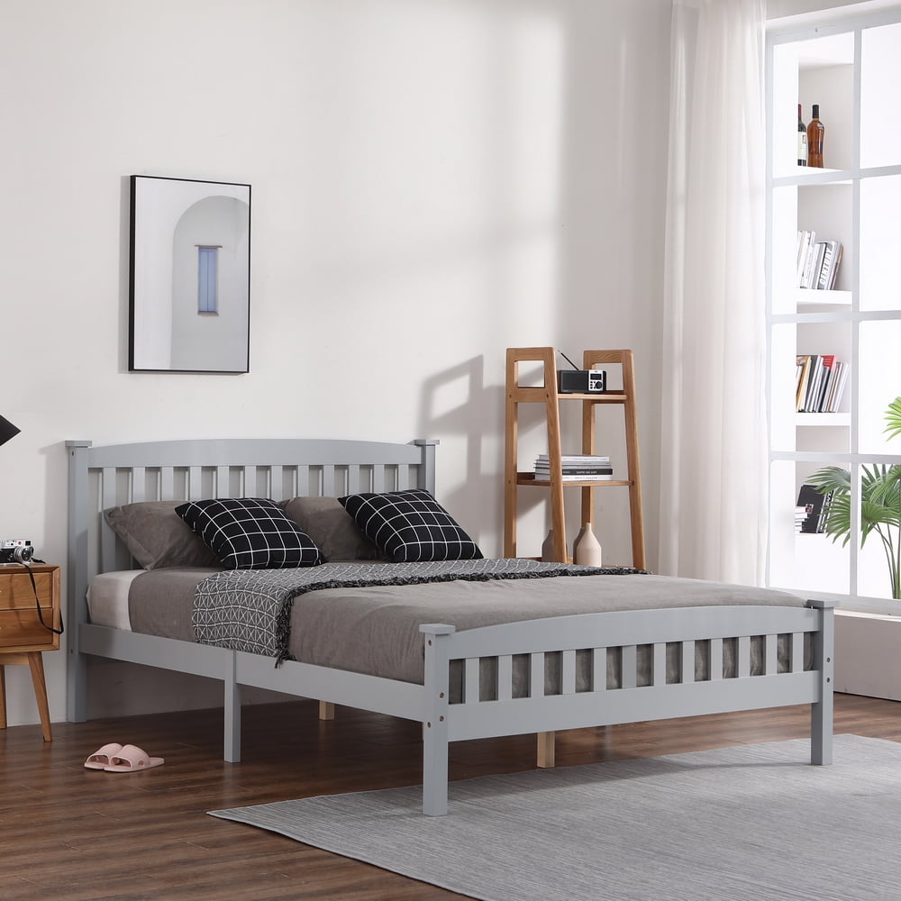 Lowestbest Platform Bed, Gray Pine bed frame with Headboard and Wood