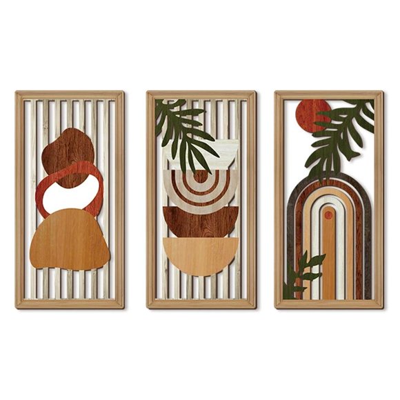 Framed Boho Wall Art Set of 3, 13x9 Mid Century Modern Wall Decor, Bohemian Sun Geometric Painting, Large Abstract Canvas Art Print for Living Room, Bedroom, Dining Room, Office, Bathroom