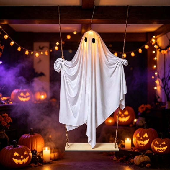 ShengapQ Halloween Hanging Ghost Decor With Lights, Spooky Ghost Ornament, Outdoor Halloween Decoration, Classic Halloween Prop for Parties, Weather-Resistant Fabric Halloween Decor
