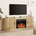 thumbnail image 4 of BOSSIN 70" Fireplace TV Stand with Sliding Doors, Mid-Century Modern Entertainment Center with Electric Fireplace & Storage, Oak, 4 of 10
