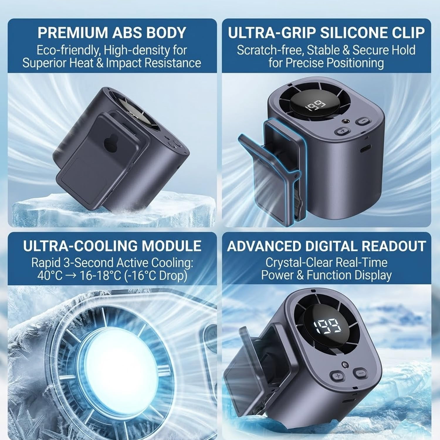 2026 Car Clip on Air Conditioner Fan with LED Display - 360° Rotation, 199 Speeds & Semi-Cooling Technology, USB Rechargeable Personal Fan, Hands-Free Clip on Fan for Cars, Work, Camping