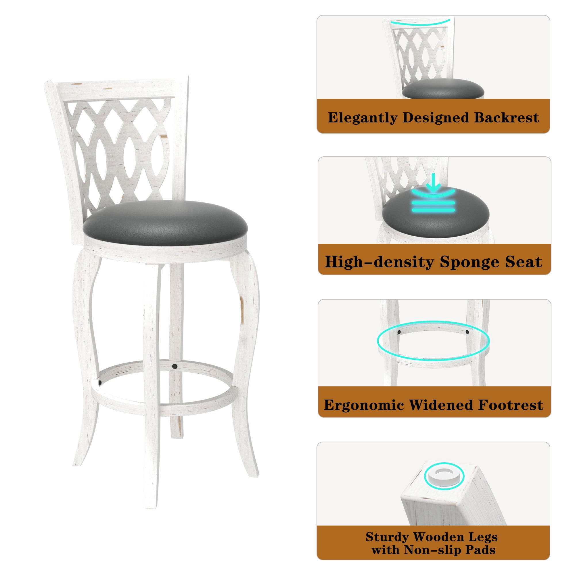 Joywind 29" Bar Height Swivel Bar Stools with High Back, Upholstered Seat & Solid Wood Footrest, White, Set of 2