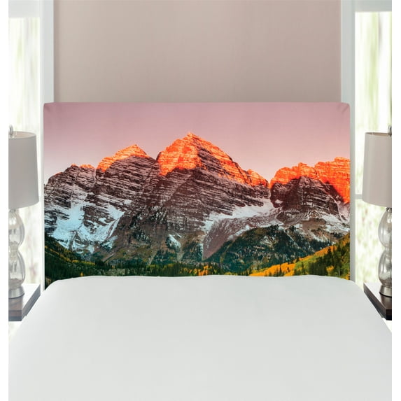 Mountain Headboard, Scenic Western American Mountains on Valley with Snowy Peaks at Sunset Landscape, Upholstered Decorative Metal Bed Headboard with Memory Foam, Twin Size, Multicolor, by Ambesonne