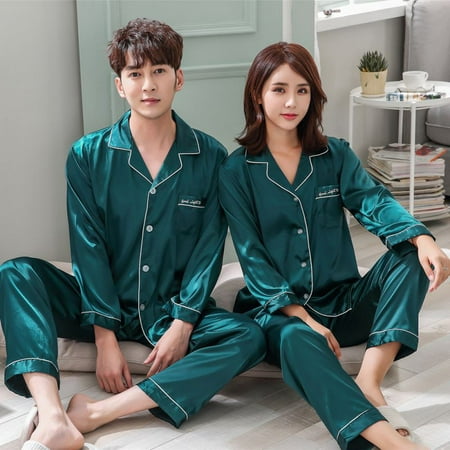 Women Men Lovers Silk Satin Pajamas Sets Long Sleeve Pyjamas Sleepwear