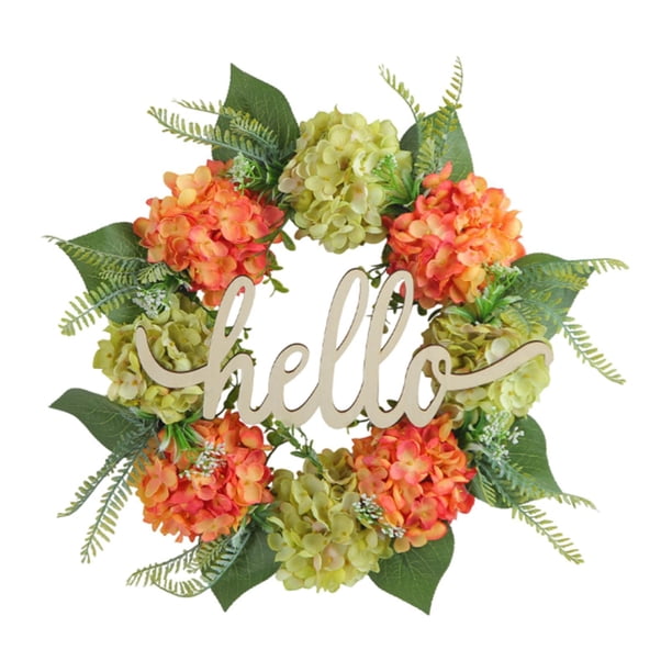 Corona artificial para puerta de entrada con letrero de "Hola", decorativa, creativa y reutilizable. Verde naranja