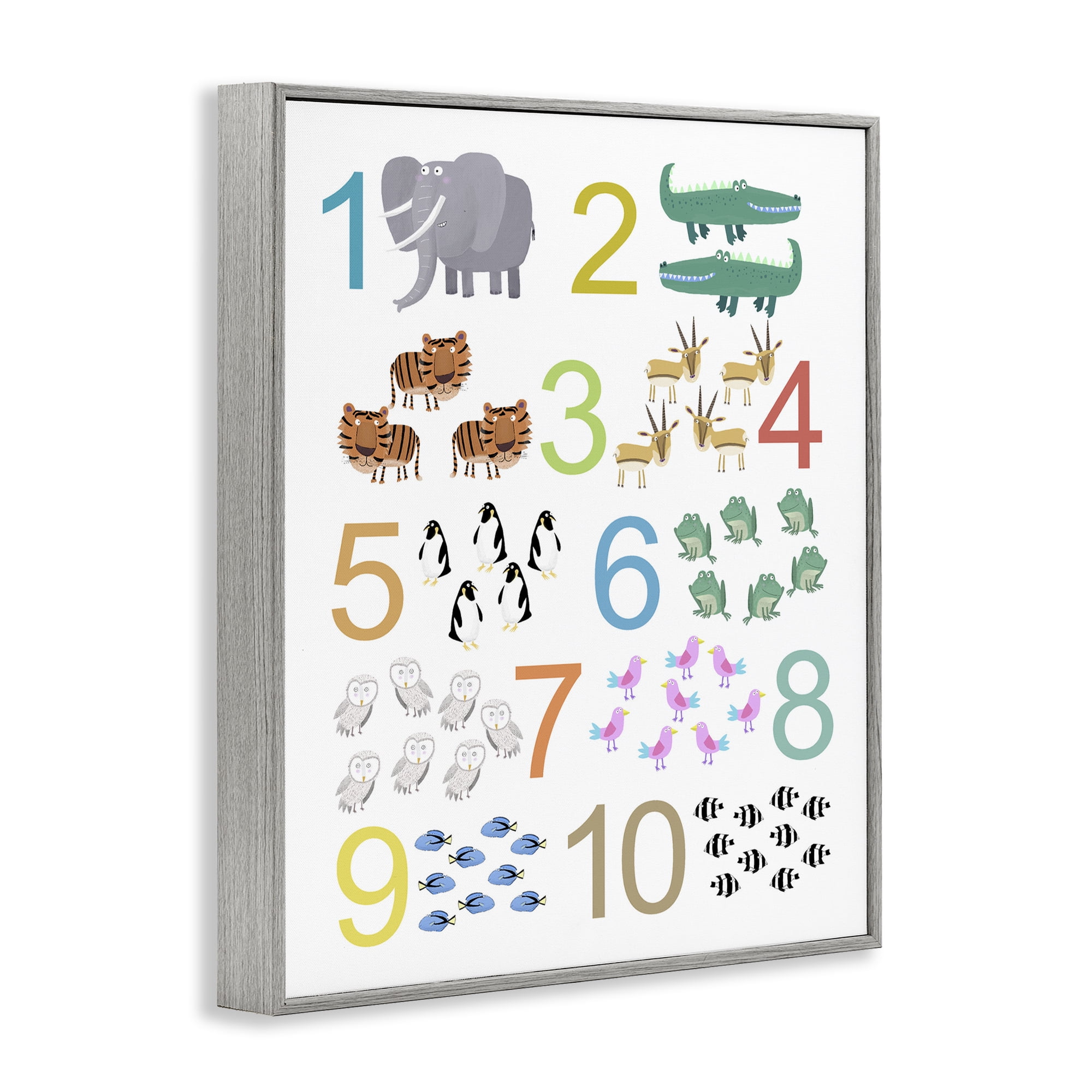 Kid's Counting Animals Gray Framed Giclee Art, design by Carla Daly