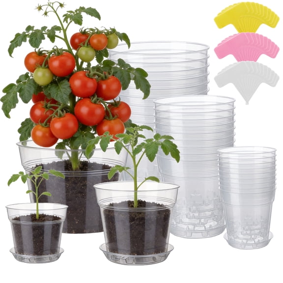 KAMIDA 30 Packs Clear Nursery Pots:5/4/3 Inch Transparent Plastic Planter with Drainage Holes and Matching Trays,Seedling Pots for for Seed Starting, Transplanting