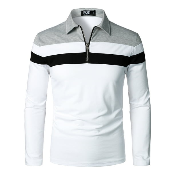 Hood Crew Men's Long Sleeve Polo Shirt Contrast Color Tops White XL ...
