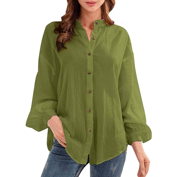 Minnieouse Blusa de manga larga con cuello en V para mujer, camisa informal para chica, Top holgado de verano de Color sólido para mujer Prendas para la parte del cuerpo Verde XL Minnieouse AP003541-19