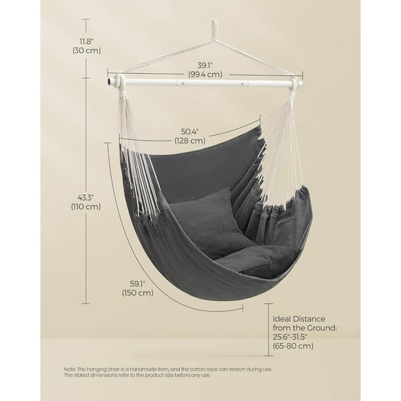 Hammock Chair - 500 lb Load Capacity, Hanging Chair with 2 Cushions, Large Hammock Swing with Chain and Pocket, for Indoor/Outdoor Use, Slate Gray