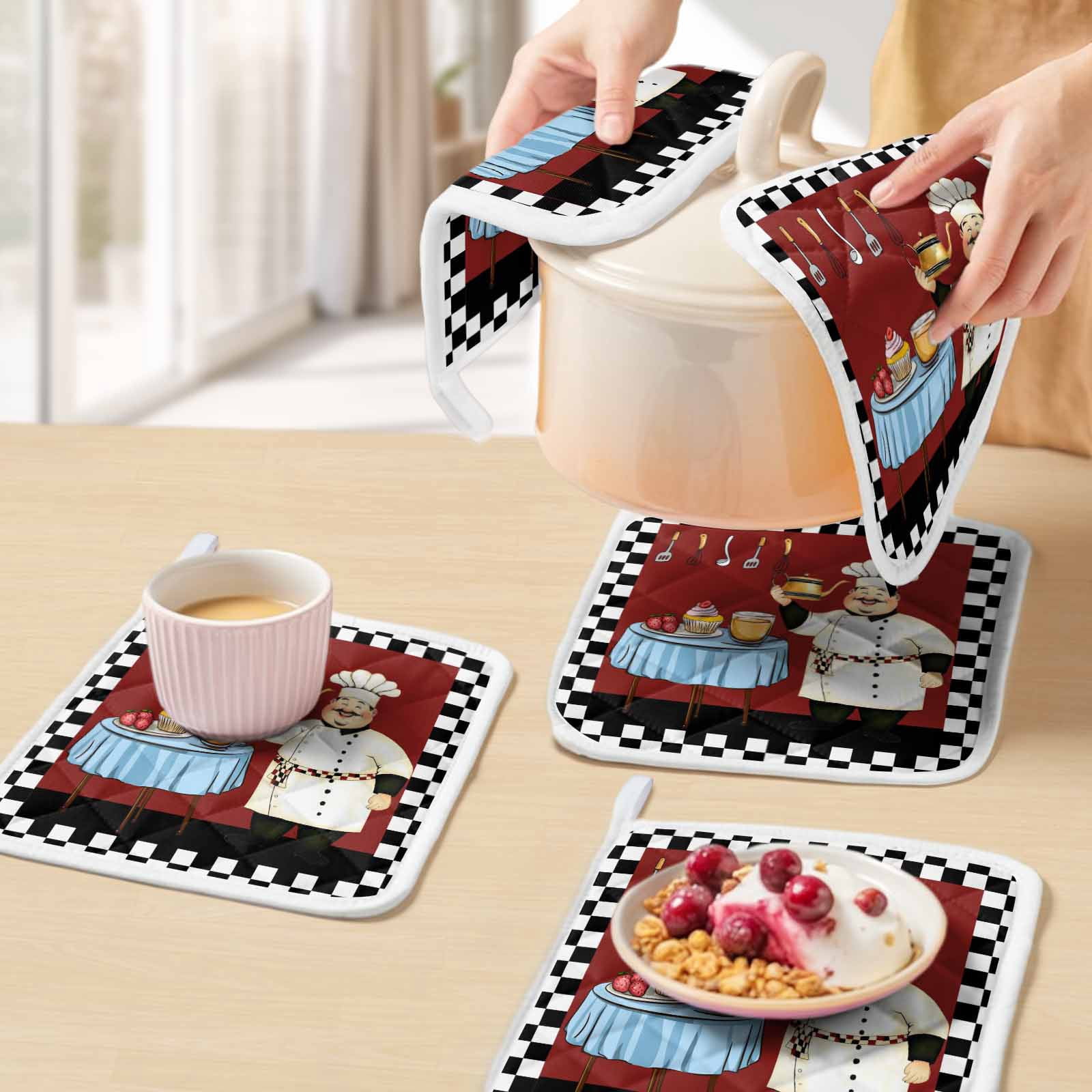 Chef Pot Holders for Kitchen Heatproof Potholder, 5 Pack Cartoon Red Food Cooking Black White Buffalo Check Hot Pads Multipurpose Oven Pads Cloth Potholders Trivet for Cooking Baking
