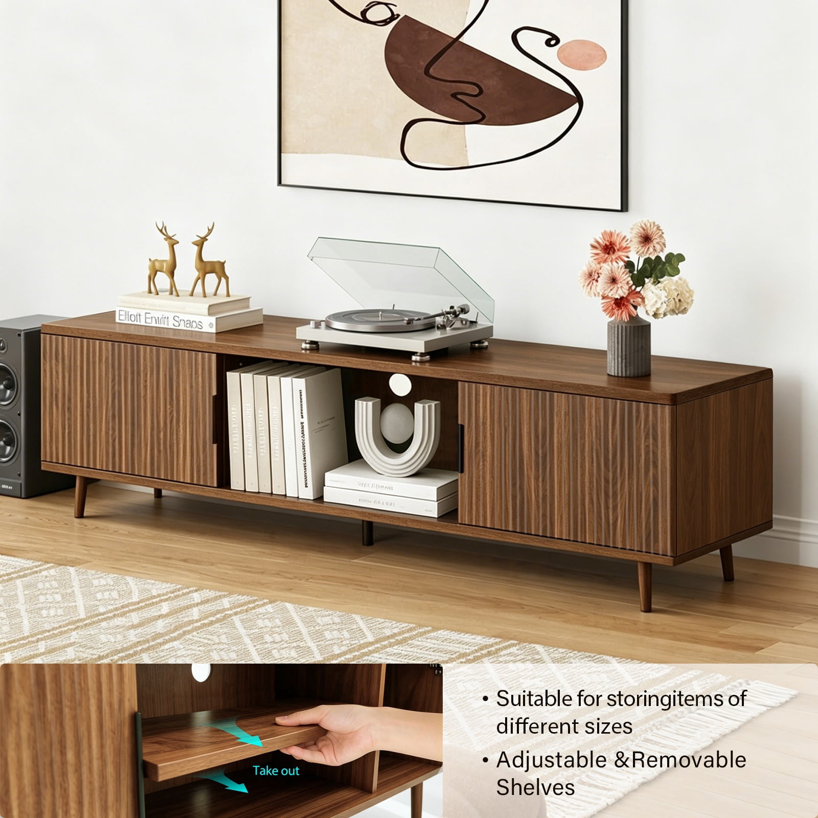 Hommoo 54.3" Mid Century Modern Fluted TV Stands with Open Shelves, TV Console Entertainment Center TV Media Cabinet for Bedroom, Living Room, Walnut