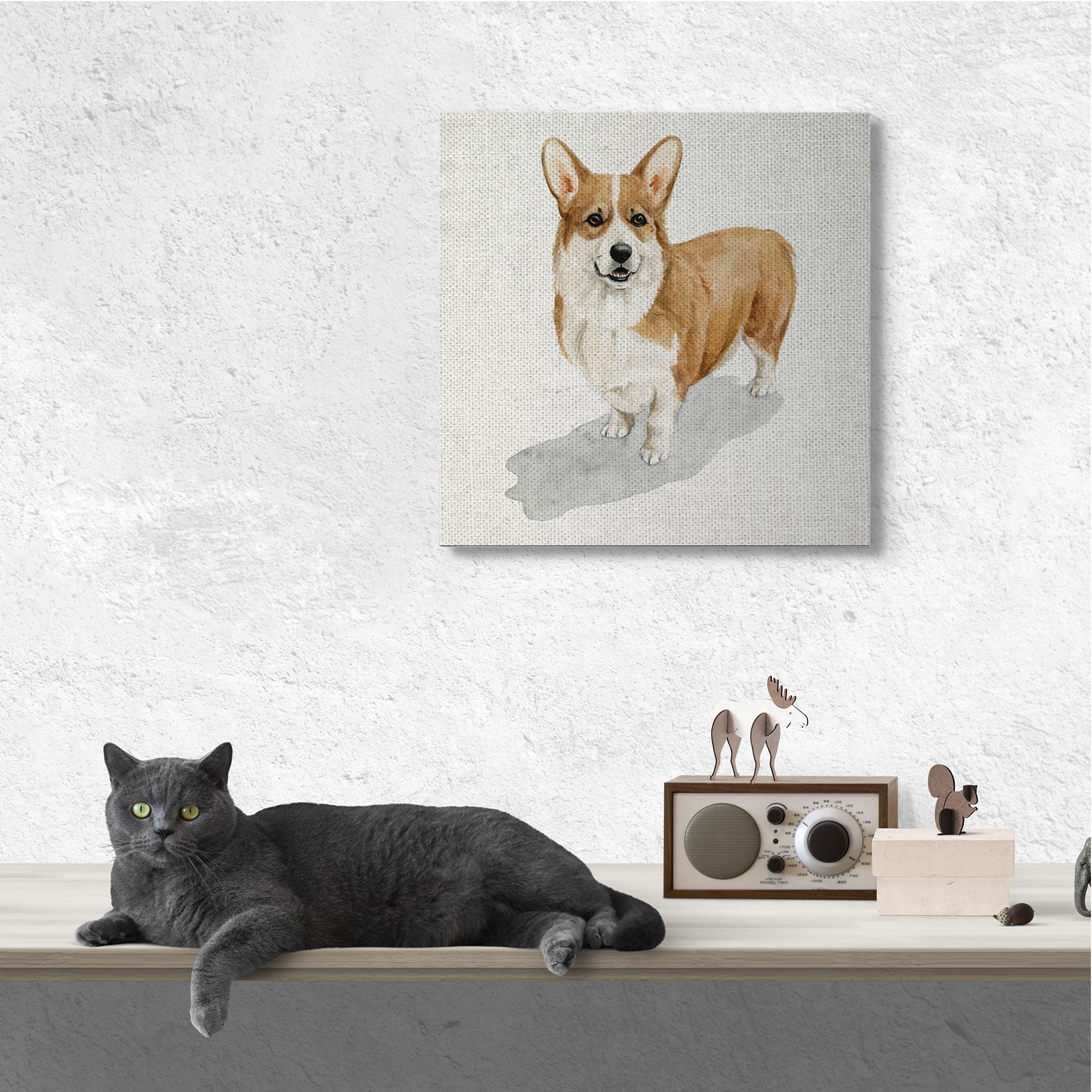 Stupell Industries Happy Corgi Dog Pet Portrait Neutral Shadow Animals & Insects Painting Gallery Wrapped Canvas Art Print Wall Art, 36 x 36