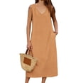 thumbnail image 3 of CHGBMOK Women Tank Dresses V Neck Sleeveless A-line Dress Solid Linen Loose Casual Maxi Dress with Pockets, 3 of 8