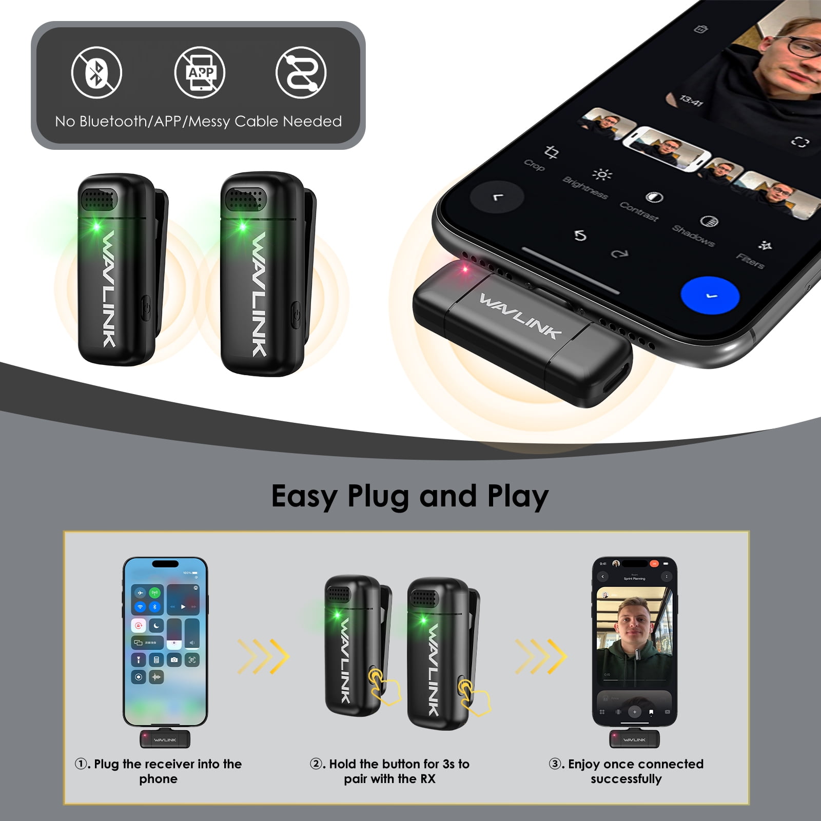 WAVLINK Wireless Mic, Dual Mini Mic with USB Battery Case, Lavalier Microphone for Video Recording