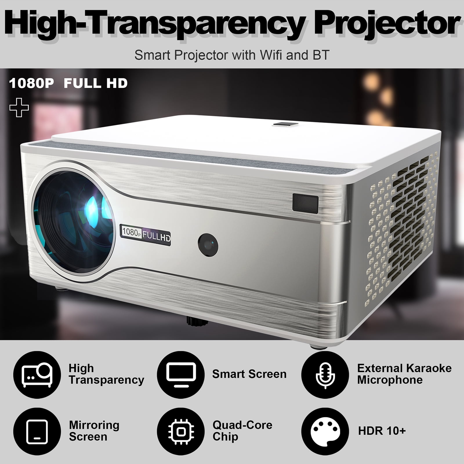Follu M9 1080P Smart Projector Supported 3D 4K, Home Theater Projector with Wi-Fi and Bluetooth, Mirroring,Auto Focus Correction