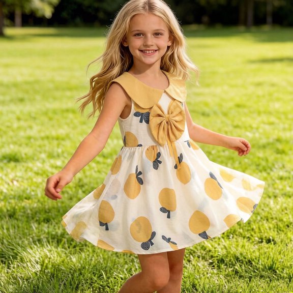 Vornjynx Girls Flare Dress Cute Bowknot Sleeveless Crew Neck Summer Casual Breathable Dress Yellow Size 5t