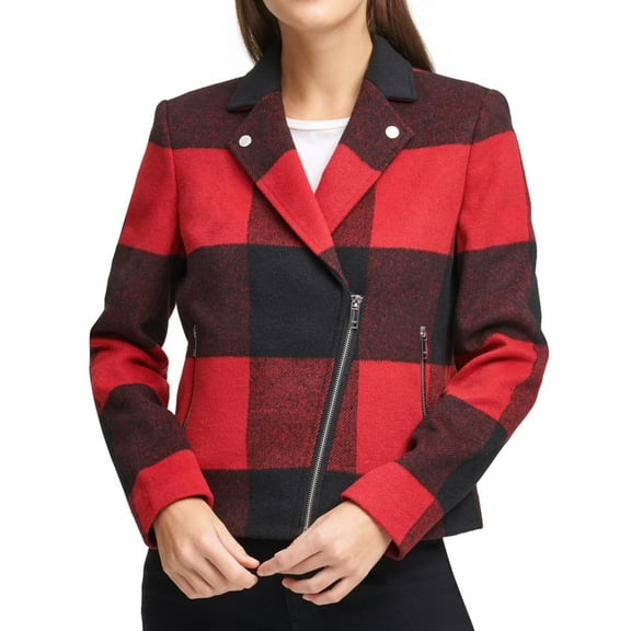 DKNY Womens Plaid Motorcycle Jacket, Red, X-Small