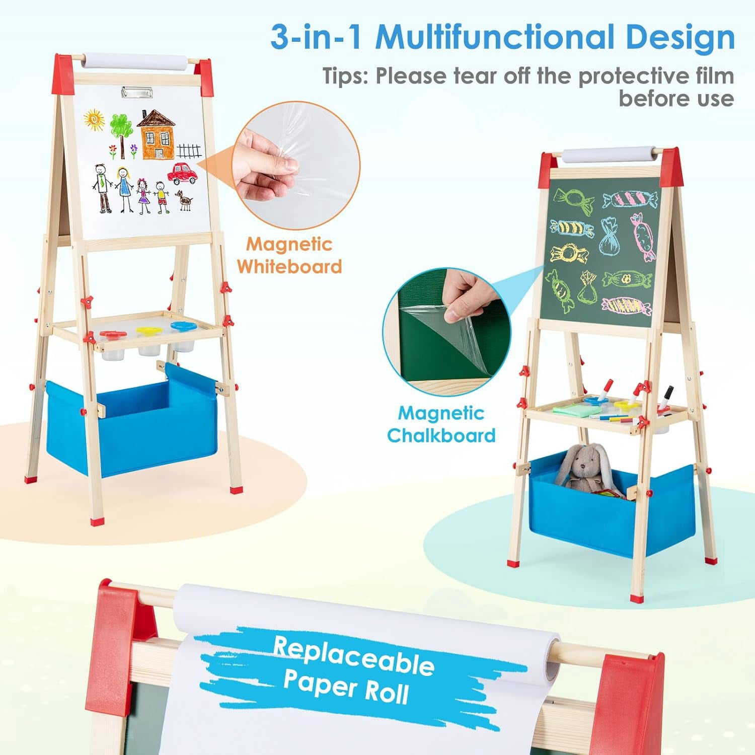 Easel for Kids, All in 1 Double Sided Wooden Art Easel w/Magnetic Chalkboard, Whiteboard, Paper Roll, Storage Tray & Bag, Letters & Numbers Magnets, Height Adjustable Toddler Easel