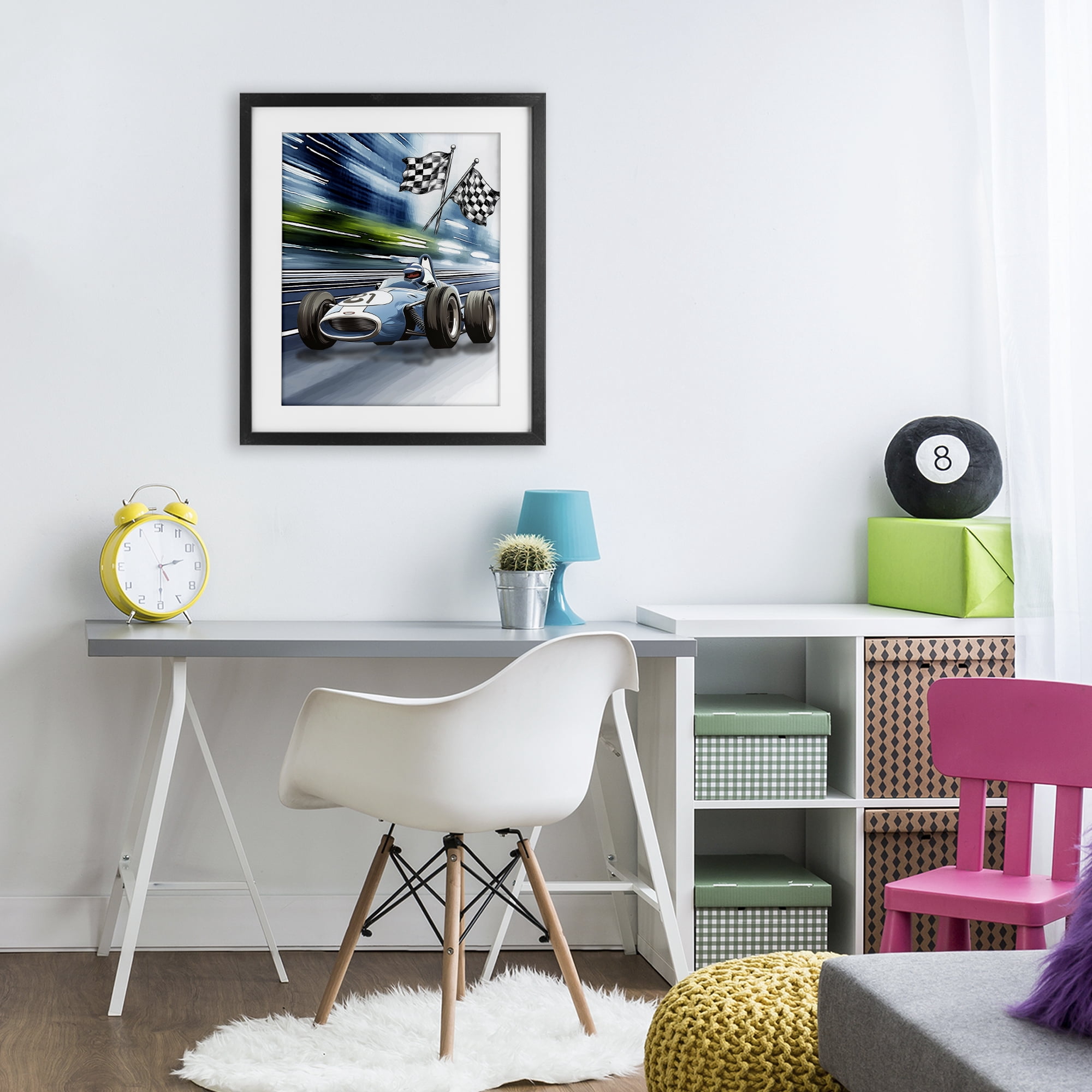 Stupell Industries Speedy Racecar with Flags Black Framed Print Under Glass, design by Christine Simpson Art