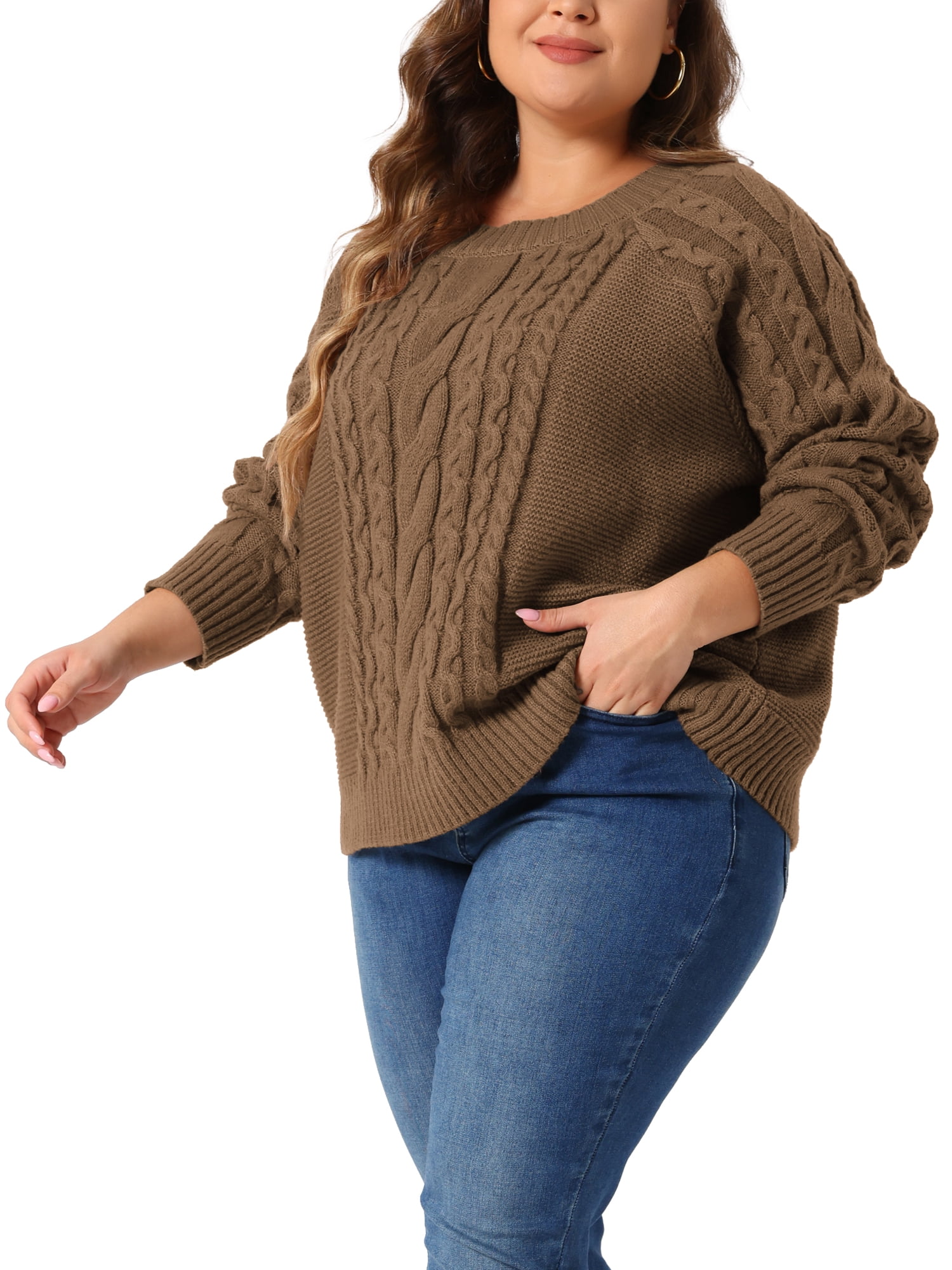 DARING DIVA Plus Size Long Sleeve Crewneck Fisherman Cable Pullover Sweater 4X Brown