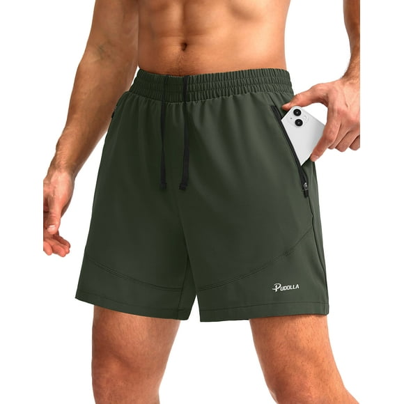 Pantalones cortos para correr Pudolla para hombre, entrenamiento atlético, color verde militar