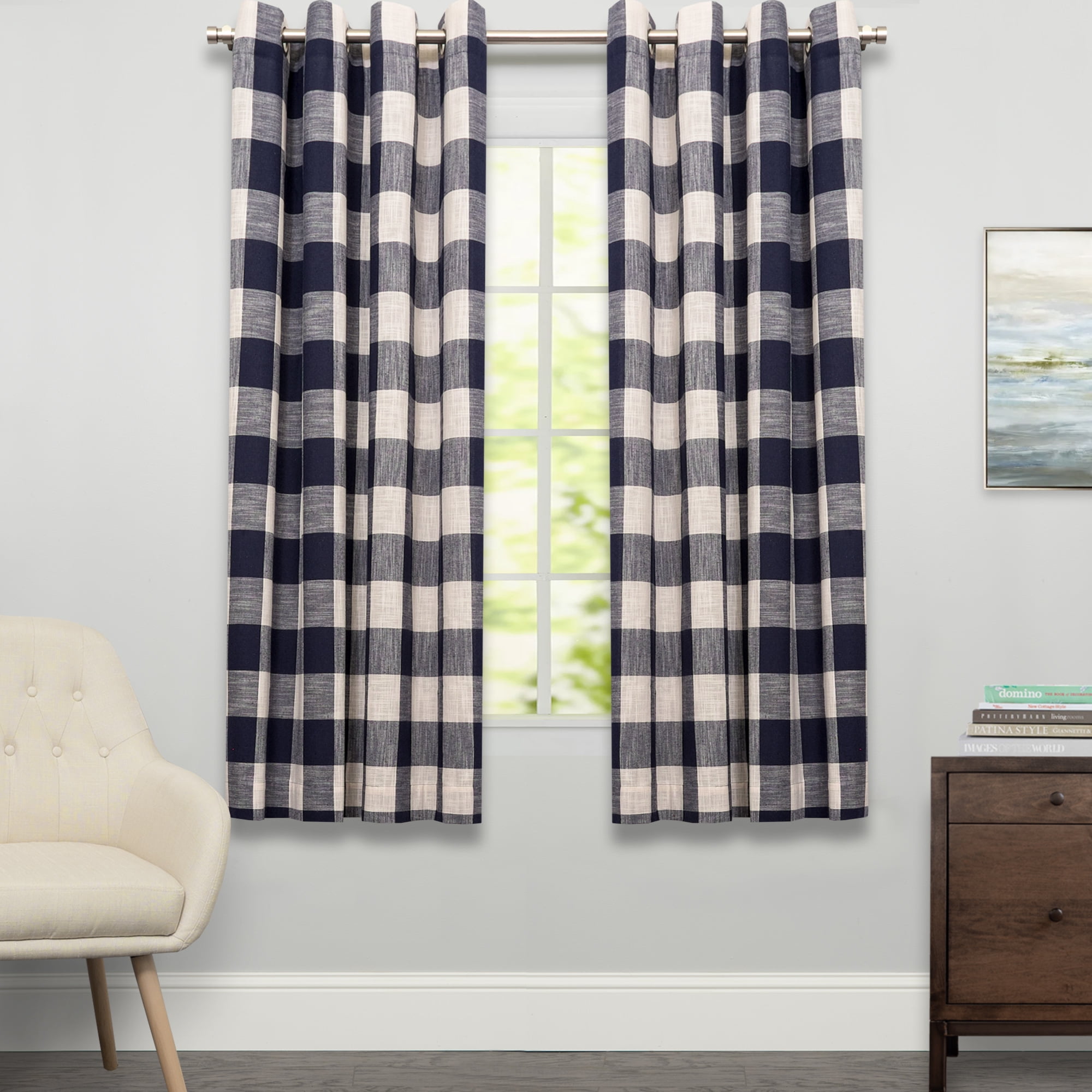 Courtyard Plaid Woven Curtain Panel with Grommets Lorraine Gray 63" length Courtyard Plaid Woven Curtain Panel with Grommets Lorraine Gray 63" length