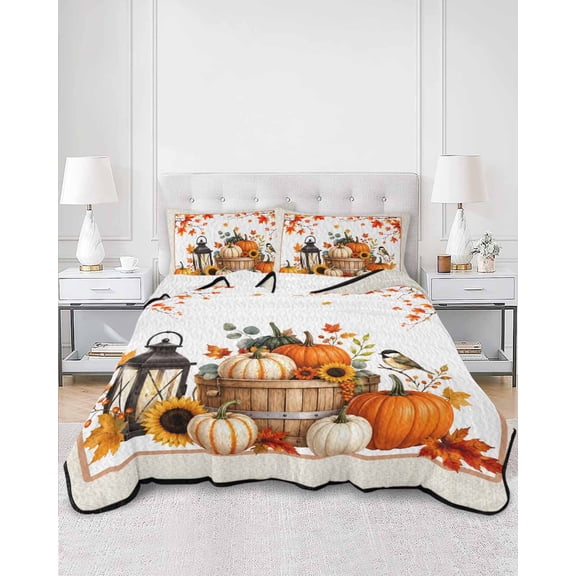 Quilts King Size, Pumpkins Fall Soft Comforter Bedding Set for Bed, Thanksgiving Branches Leaves Sunflower Lightweight Quilted Bedspread with Pillow Cover(2 Pieces) for All Season, 96x106 Inch