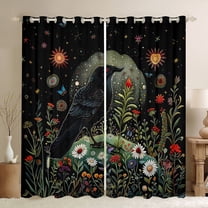 Manfei Hippie Black Crow Black Out Curtains for Kids, Rustic Groovy Floral Curtains Pack of 2 (42x63 Each), Tribal Bohemian Style Bedroom Curtains, Living Room Curtains Decor