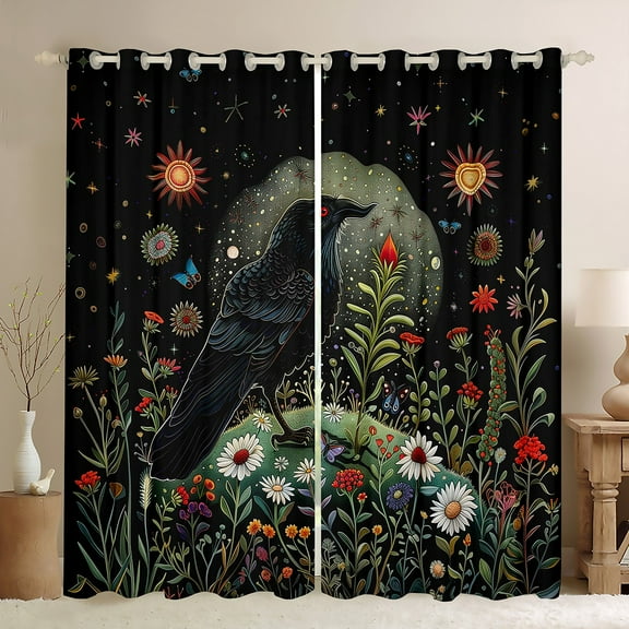 Manfei Hippie Black Crow Black Out Curtains for Kids, Rustic Groovy Floral Curtains Pack of 2 (42x63 Each), Tribal Bohemian Style Bedroom Curtains, Living Room Curtains Decor